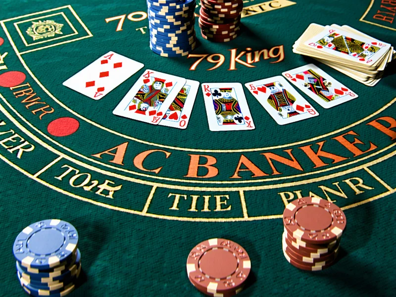Bàn chơi Baccarat tại 79king với các vị trí Banker, Player, Tie và chip cược