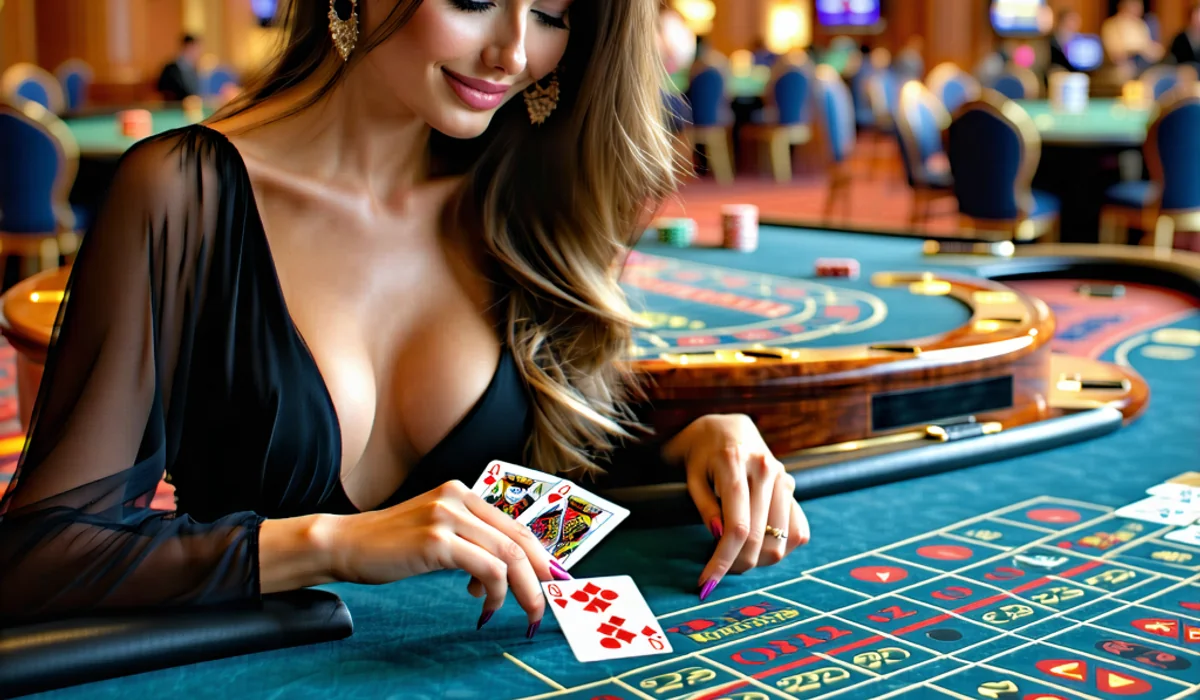 Hình ảnh quảng bá khu vực casino trực tuyến của 79king, với dealer và bàn chơi sang trọng