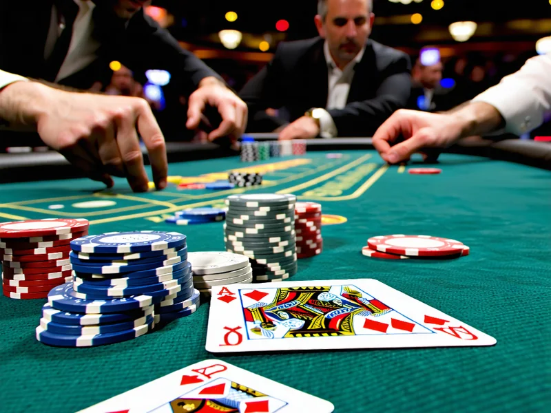 Bàn chơi Poker tại 79king với các lá bài và chip cược, thể hiện sự căng thẳng và chiến thuật