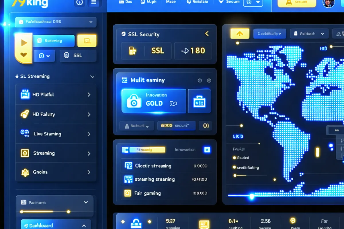 Giao diện nền tảng công nghệ cao của 79king, hiển thị các tính năng bảo mật và phát trực tuyến HD